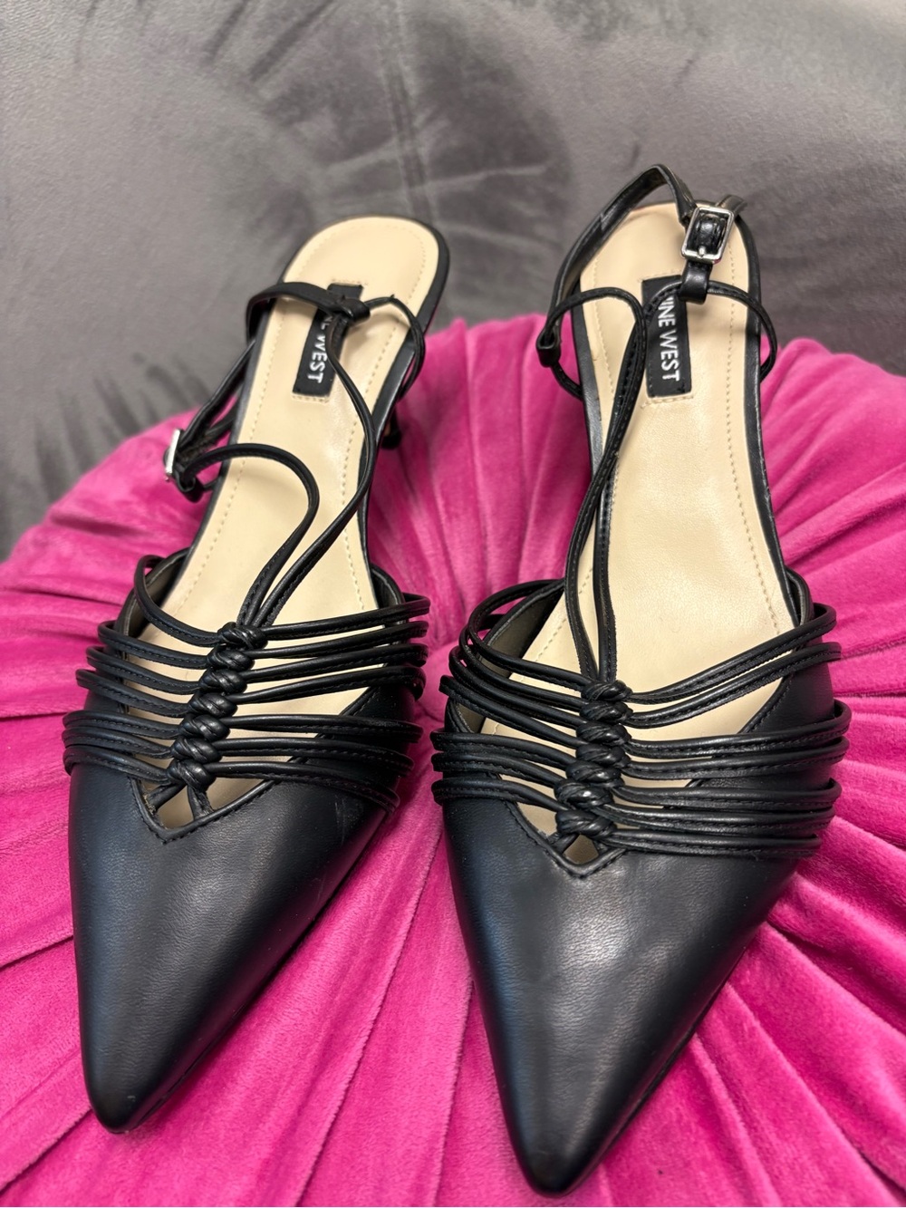 Nine West Black Pointed-Toe Strappy Slingback Heels